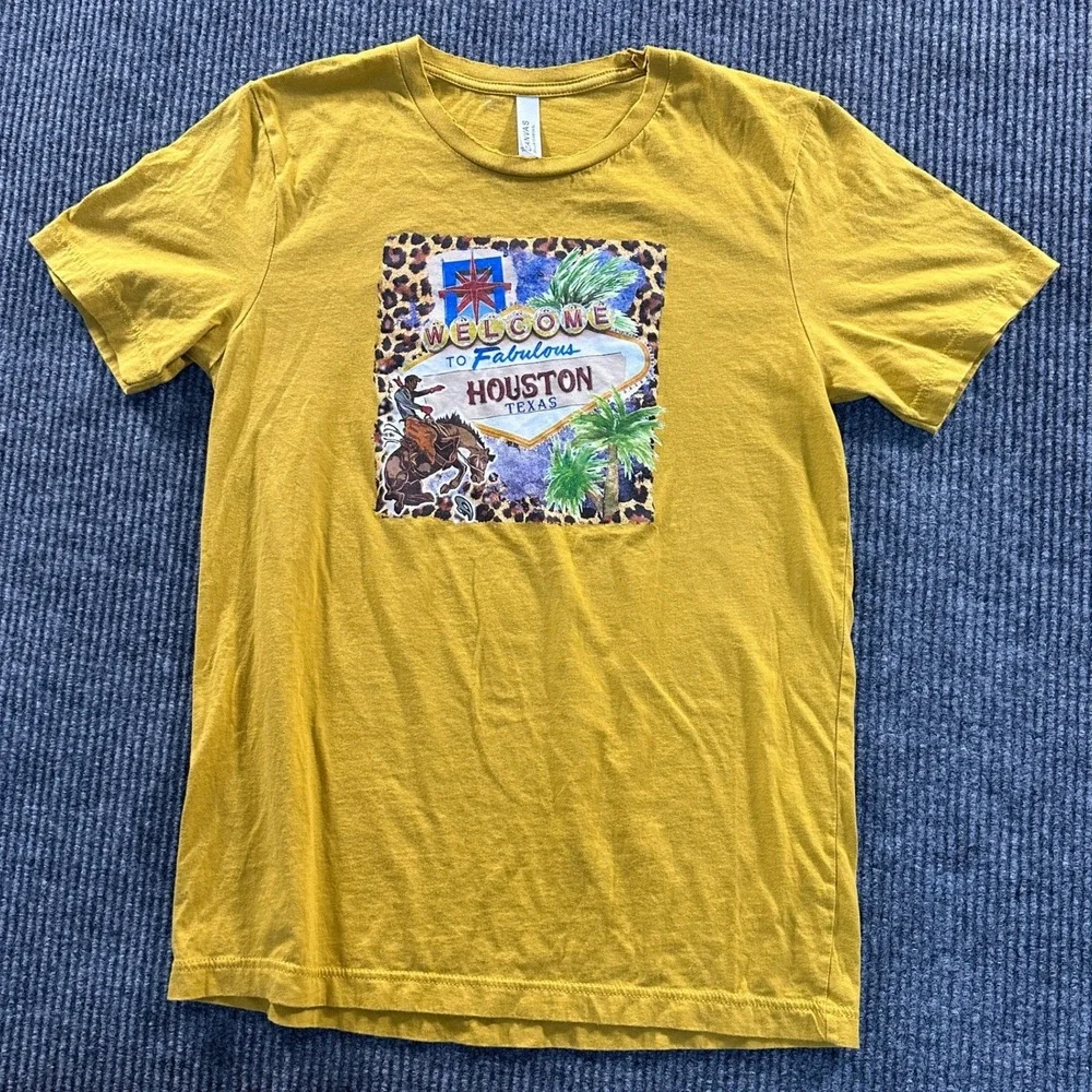 Bella Canvas Houston Texas Graphic Tee Shirt M Mustard Yellow Leopard Rodeo Crew